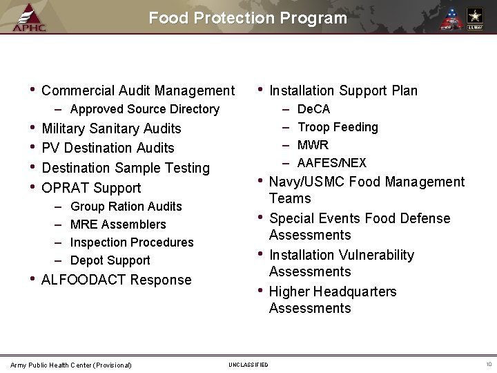 Food Protection Program • Commercial Audit Management • – Approved Source Directory • •