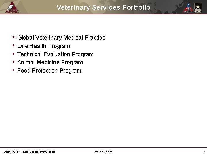 Veterinary Services Portfolio • • • Global Veterinary Medical Practice One Health Program Technical