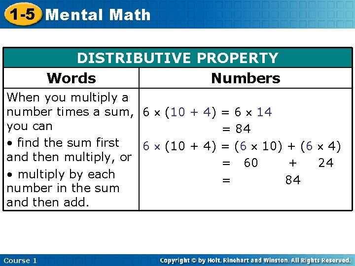 1 -5 Mental Math DISTRIBUTIVE PROPERTY Words Numbers When you multiply a number times