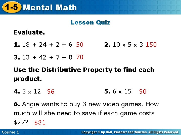1 -5 Mental Insert Lesson Math Title Here Lesson Quiz Evaluate. 1. 18 +