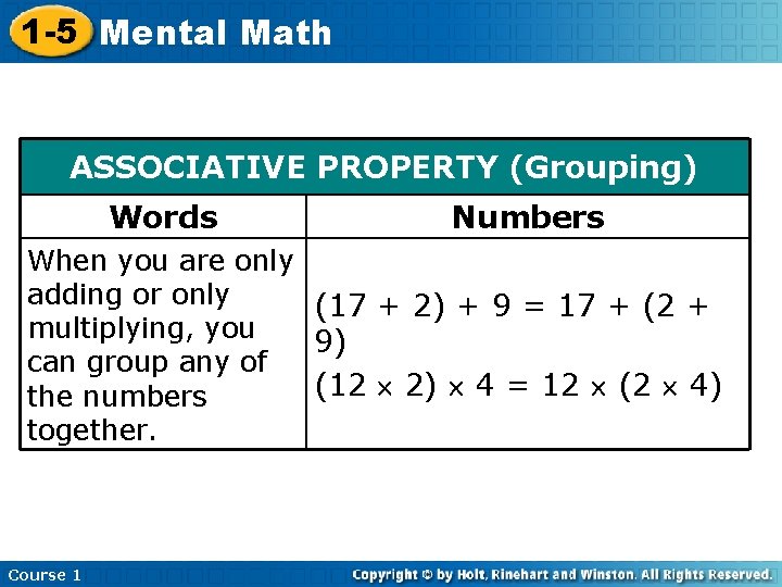 1 -5 Mental Math ASSOCIATIVE PROPERTY (Grouping) Words Numbers When you are only adding