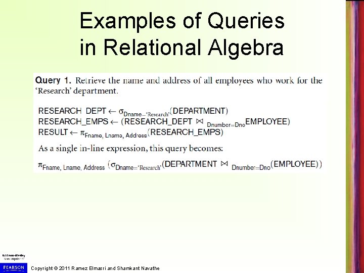Examples of Queries in Relational Algebra Copyright © 2011 Ramez Elmasri and Shamkant Navathe