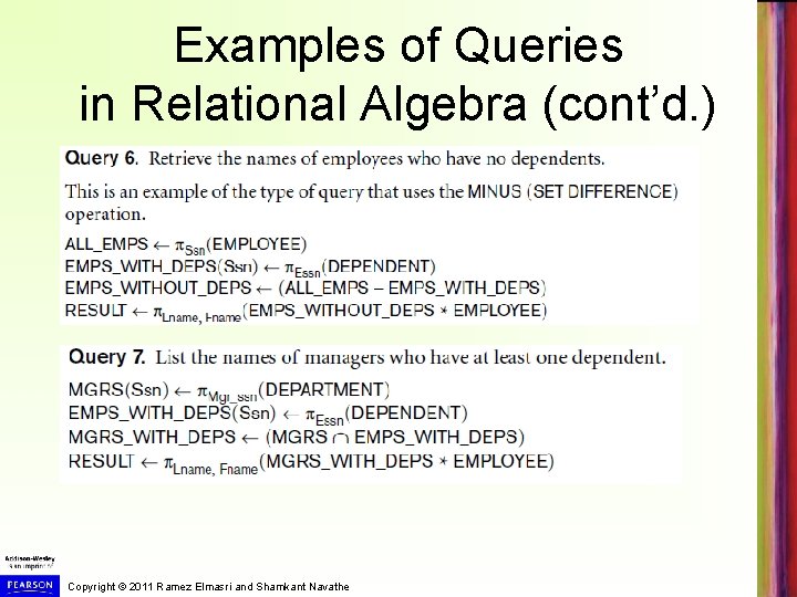 Examples of Queries in Relational Algebra (cont’d. ) Copyright © 2011 Ramez Elmasri and