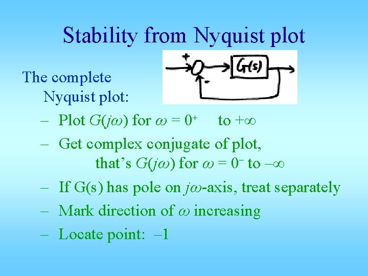 Stability from Nyquist plot The complete Nyquist plot: – Plot G(jω) for ω =