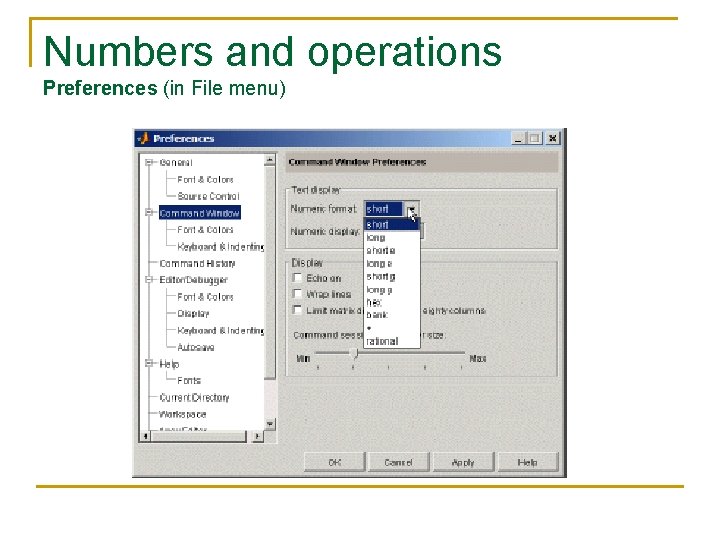 Numbers and operations Preferences (in File menu) Numbers and operations Preferences (in File menu)