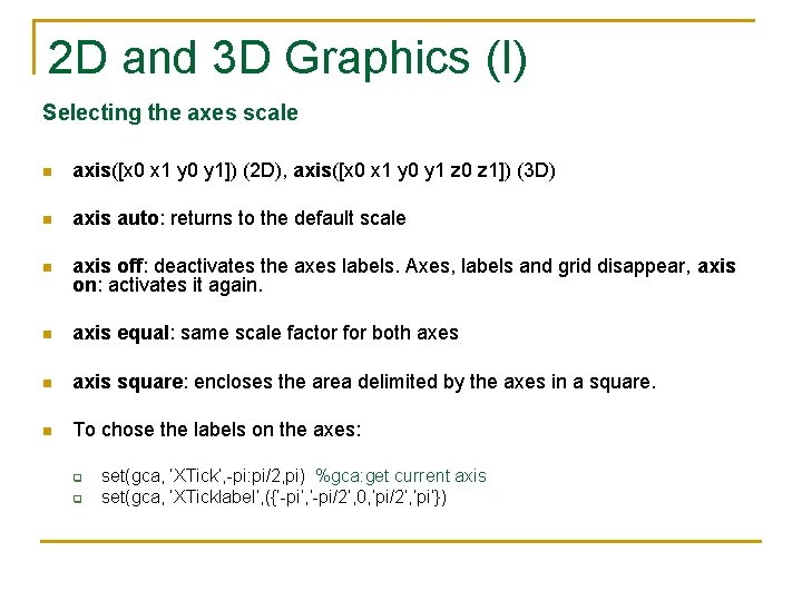 2 D and 3 D Graphics (I) Selecting the axes scale n axis([x 0 2 D and 3 D Graphics (I) Selecting the axes scale n axis([x 0