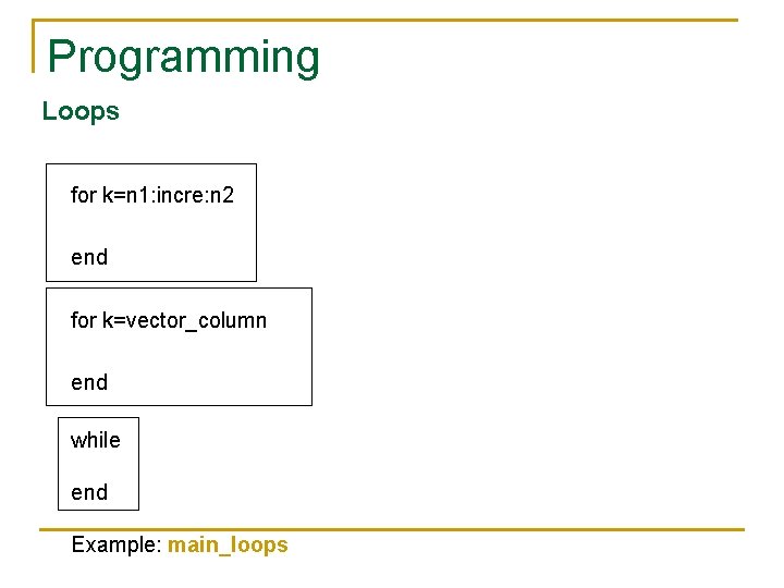 Programming Loops for k=n 1: incre: n 2 end for k=vector_column end while end Programming Loops for k=n 1: incre: n 2 end for k=vector_column end while end