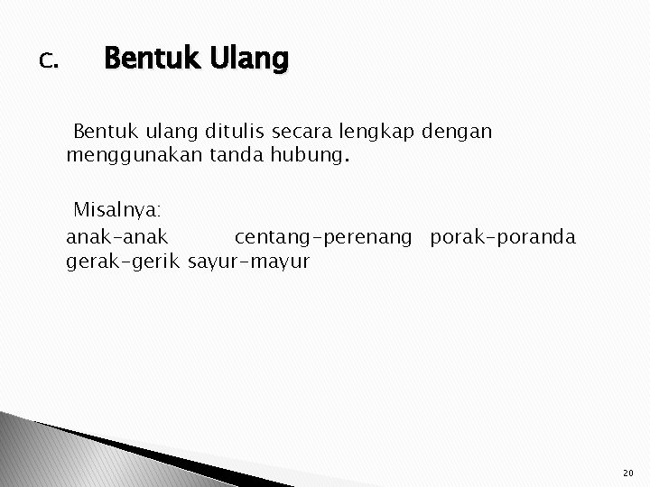 C. Bentuk Ulang Bentuk ulang ditulis secara lengkap dengan menggunakan tanda hubung. Misalnya: anak-anak