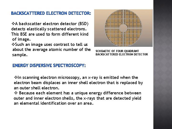 v. A backscatter electron detector (BSD) detects elastically scattered electrons. This BSE are used