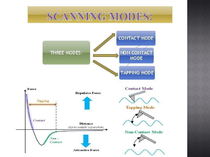 SCANNING MODES: CONTACT MODE THREE MODES: NON CONTACT MODE TAPPING MODE 