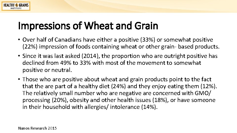 Impressions of Wheat and Grain • Over half of Canadians have either a positive