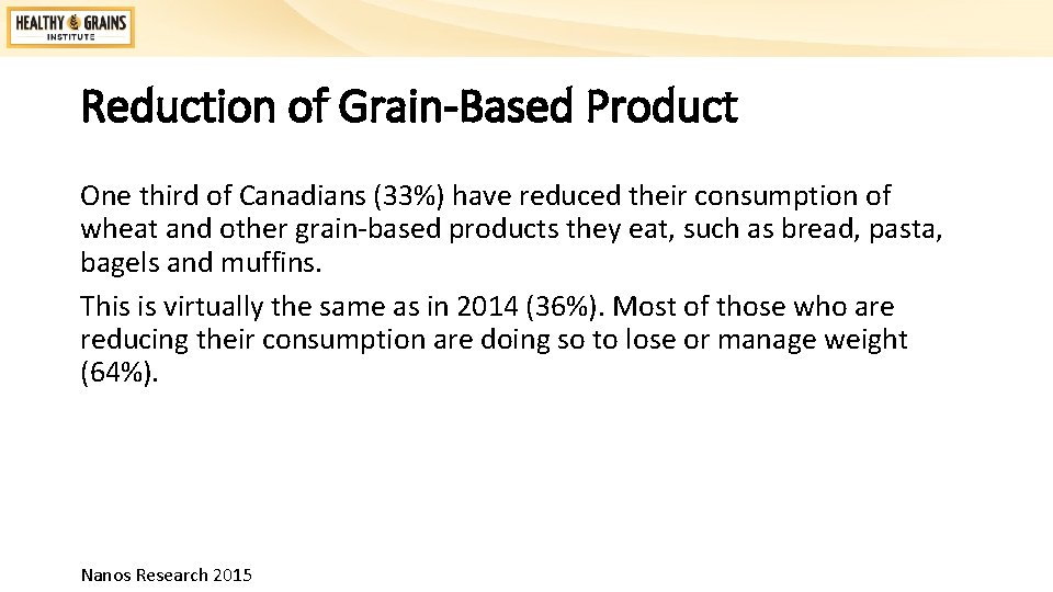Reduction of Grain-Based Product One third of Canadians (33%) have reduced their consumption of