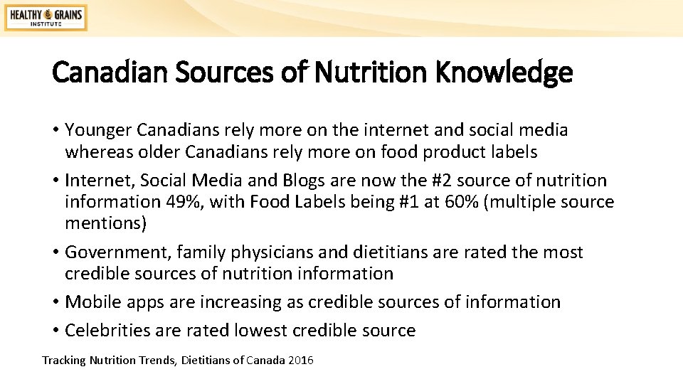 Canadian Sources of Nutrition Knowledge • Younger Canadians rely more on the internet and