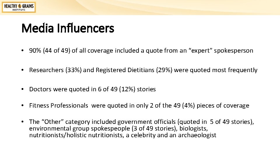 Media Influencers • 90% (44 of 49) of all coverage included a quote from