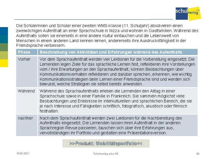 Die Schülerinnen und Schüler einer zweiten WMS-Klasse (11. Schuljahr) absolvieren einen zweiwöchigen Aufenthalt an