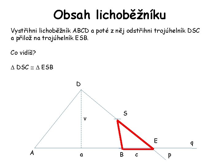 Obsah lichoběžníku Vystřihni lichoběžník ABCD a poté z něj odstřihni trojúhelník DSC a přilož