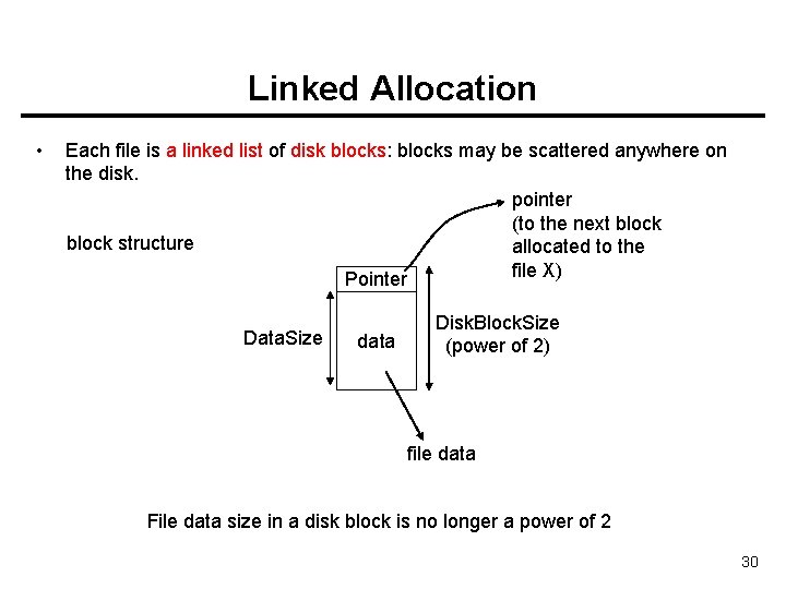 Linked Allocation • Each file is a linked list of disk blocks: blocks may