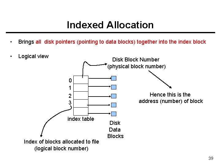 Indexed Allocation • Brings all disk pointers (pointing to data blocks) together into the