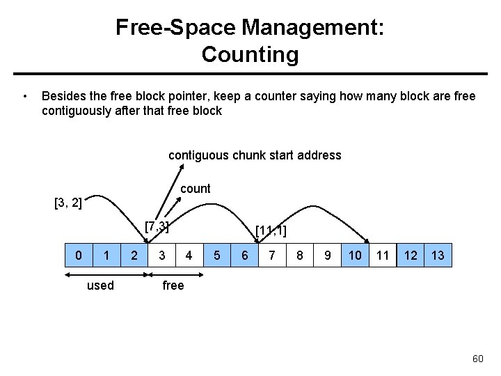 Free-Space Management: Counting • Besides the free block pointer, keep a counter saying how