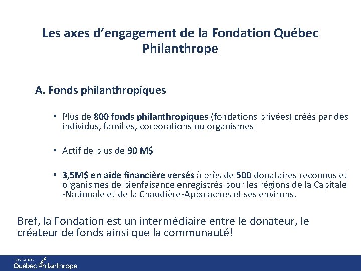 Les axes d’engagement de la Fondation Québec Philanthrope A. Fonds philanthropiques • Plus de