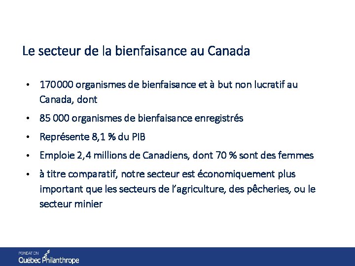 Le secteur de la bienfaisance au Canada • 170 000 organismes de bienfaisance et à