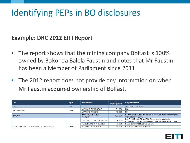 Identifying PEPs in BO disclosures Example: DRC 2012 EITI Report • The report shows