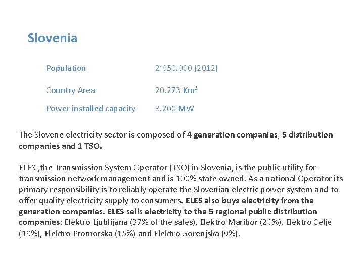 Slovenia Population Country Area 2’ 050. 000 (2012) Power installed capacity 3. 200 MW