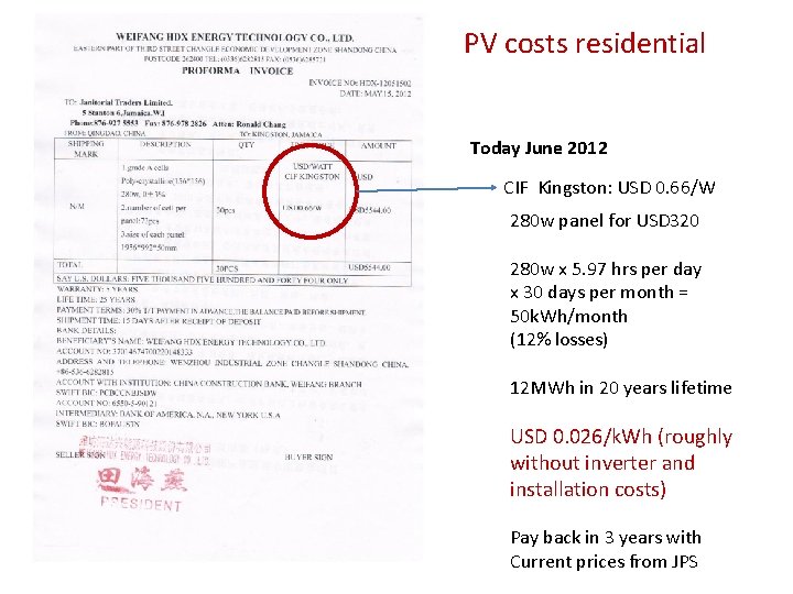 PV costs residential Today June 2012 CIF Kingston: USD 0. 66/W 280 w panel