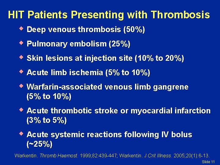 HIT Patients Presenting with Thrombosis w Deep venous thrombosis (50%) w Pulmonary embolism (25%)