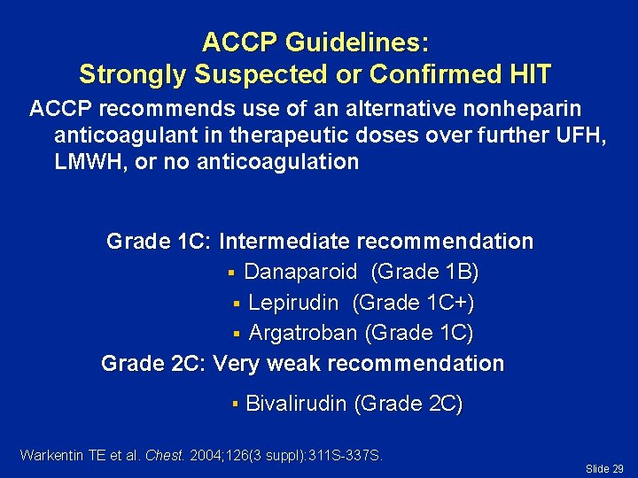ACCP Guidelines: Strongly Suspected or Confirmed HIT ACCP recommends use of an alternative nonheparin