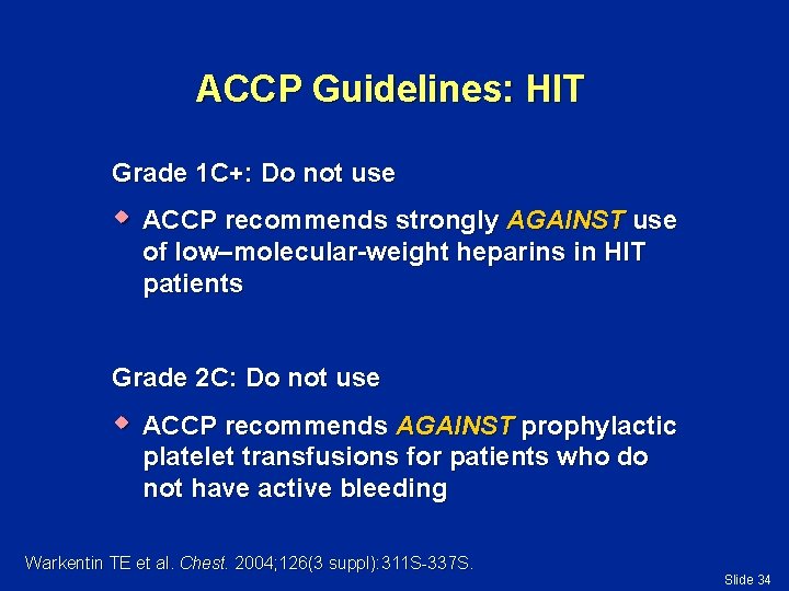 ACCP Guidelines: HIT Grade 1 C+: Do not use w ACCP recommends strongly AGAINST