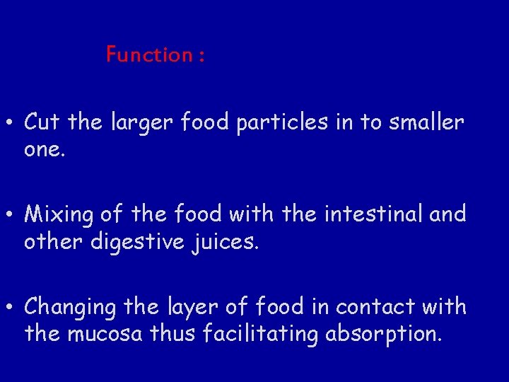 Function : • Cut the larger food particles in to smaller one. • Mixing