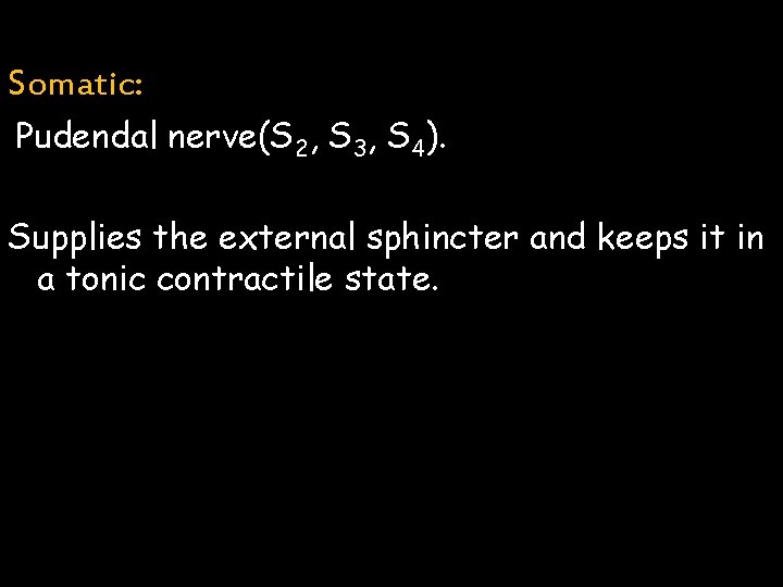 Somatic: Pudendal nerve(S 2, S 3, S 4). Supplies the external sphincter and keeps