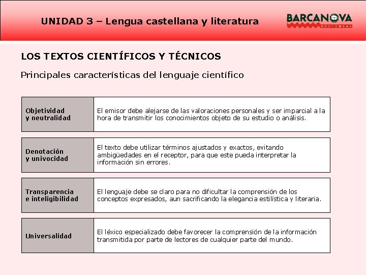 UNIDAD 3 – Lengua castellana y literatura LOS TEXTOS CIENTÍFICOS Y TÉCNICOS Principales características
