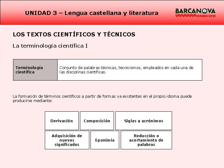 UNIDAD 3 – Lengua castellana y literatura LOS TEXTOS CIENTÍFICOS Y TÉCNICOS La terminología