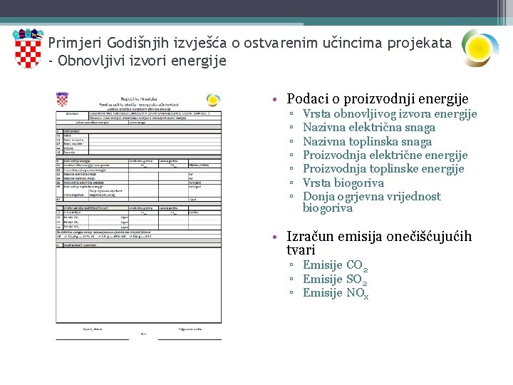 Primjeri Godišnjih izvješća o ostvarenim učincima projekata - Obnovljivi izvori energije • Podaci o