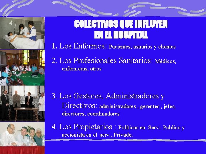 COLECTIVOS QUE INFLUYEN EN EL HOSPITAL 1. Los Enfermos: Pacientes, usuarios y clientes 2.