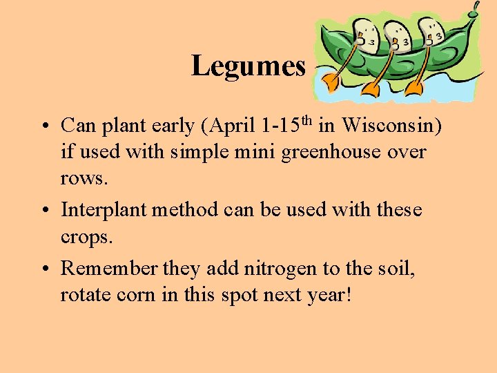 Legumes • Can plant early (April 1 -15 th in Wisconsin) if used with