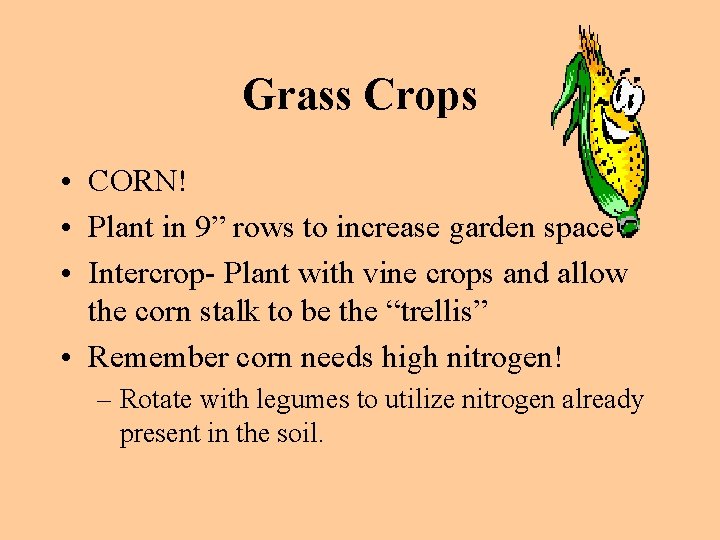 Grass Crops • CORN! • Plant in 9” rows to increase garden space •