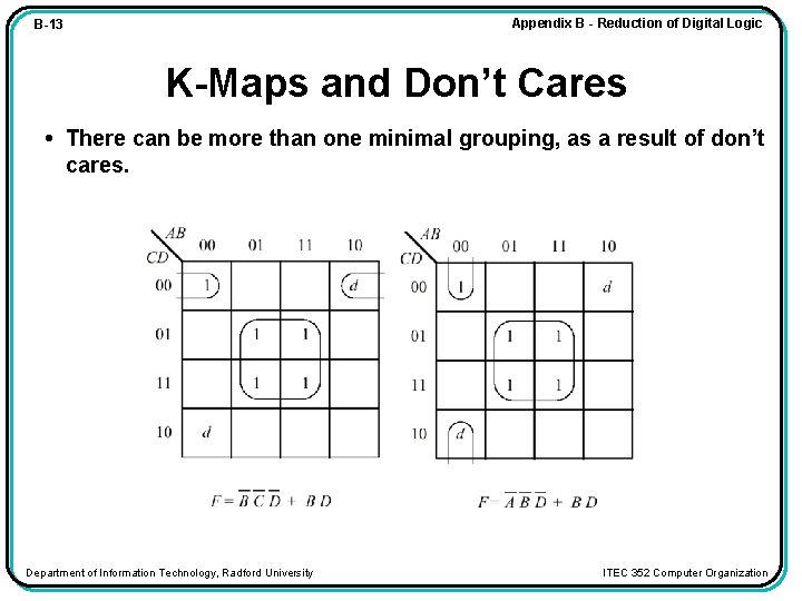 Appendix B - Reduction of Digital Logic B-13 K-Maps and Don’t Cares • There