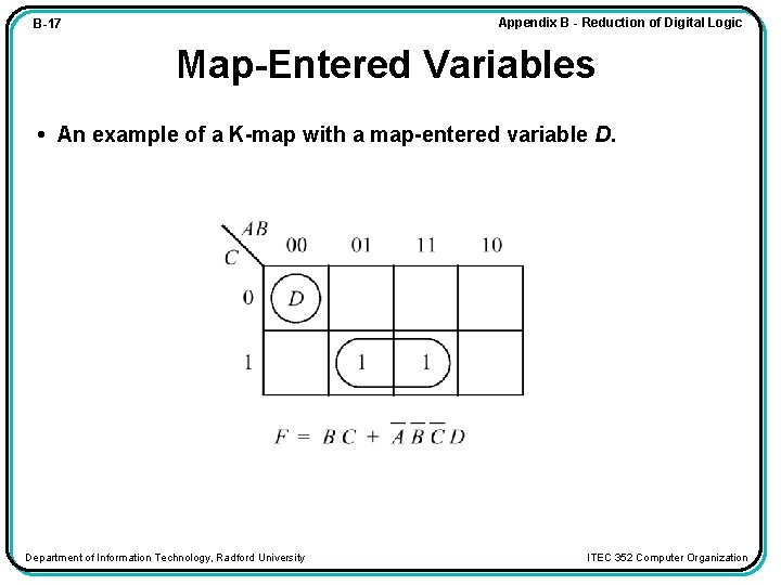 Appendix B - Reduction of Digital Logic B-17 Map-Entered Variables • An example of