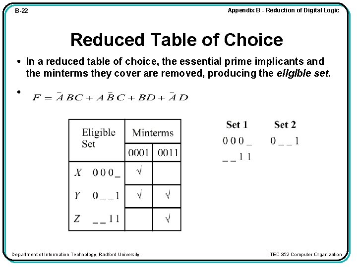 Appendix B - Reduction of Digital Logic B-22 Reduced Table of Choice • In