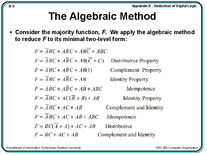 Appendix B - Reduction of Digital Logic B-5 The Algebraic Method • Consider the