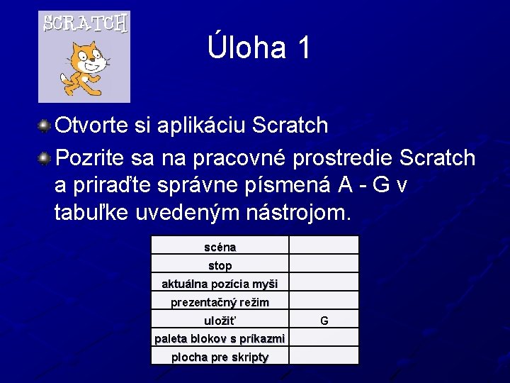 Úloha 1 Otvorte si aplikáciu Scratch Pozrite sa na pracovné prostredie Scratch a priraďte