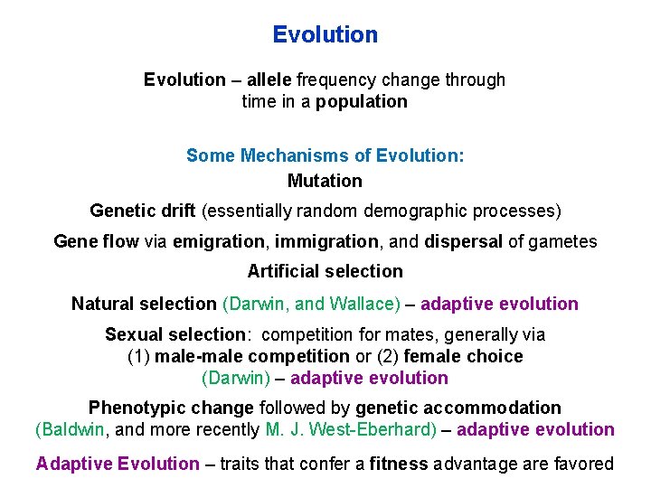 Evolution – allele frequency change through time in a population Some Mechanisms of Evolution: