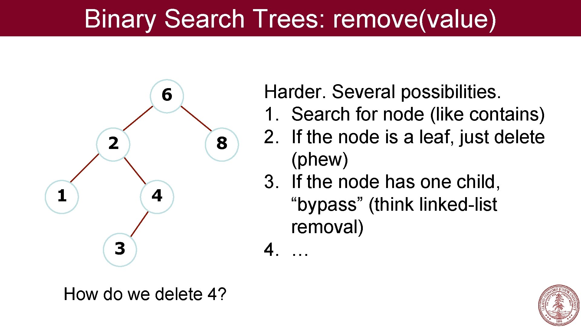 Binary Search Trees: remove(value) 6 2 1 8 4 3 How do we delete