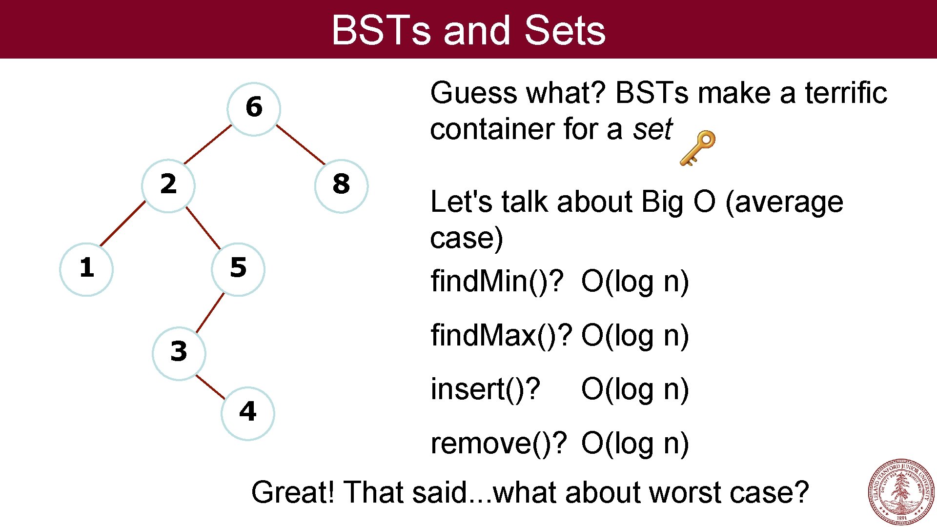 BSTs and Sets Guess what? BSTs make a terrific container for a set 6