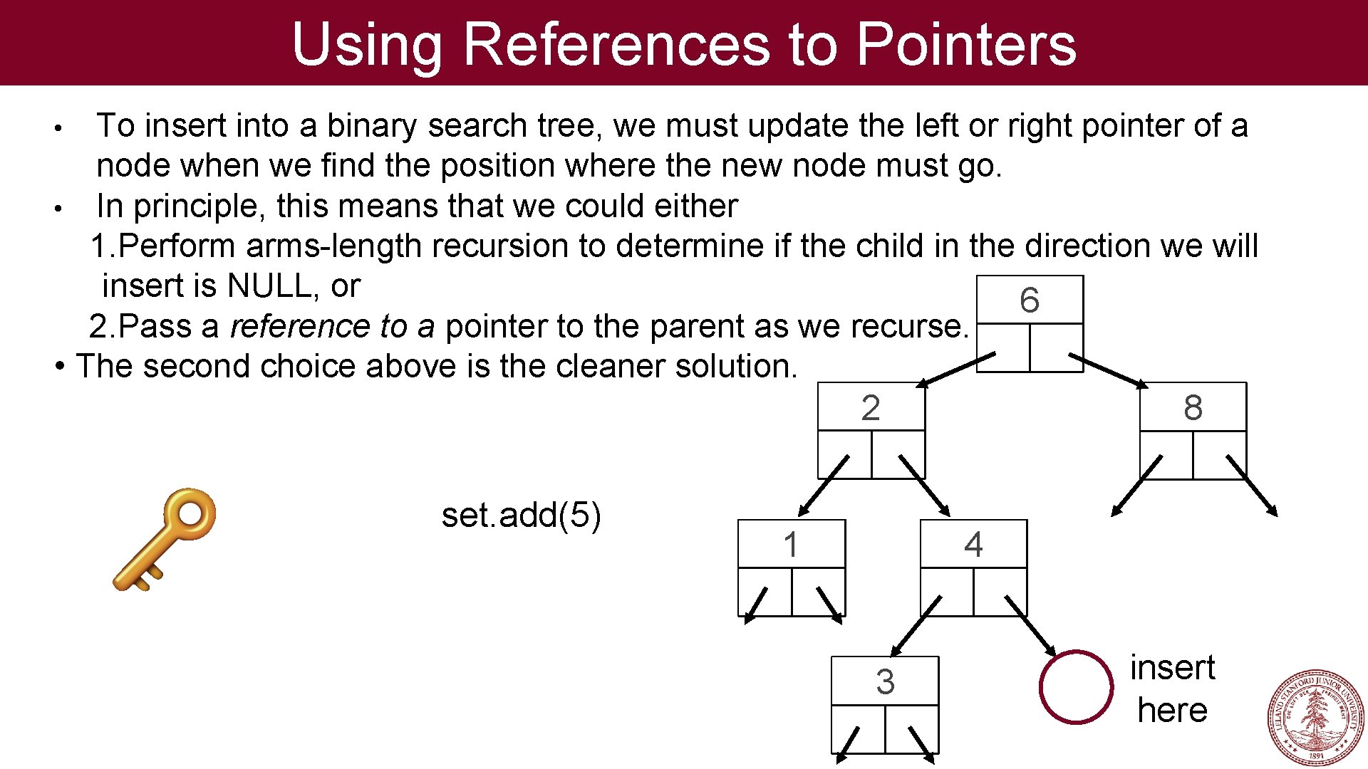 Using References to Pointers To insert into a binary search tree, we must update