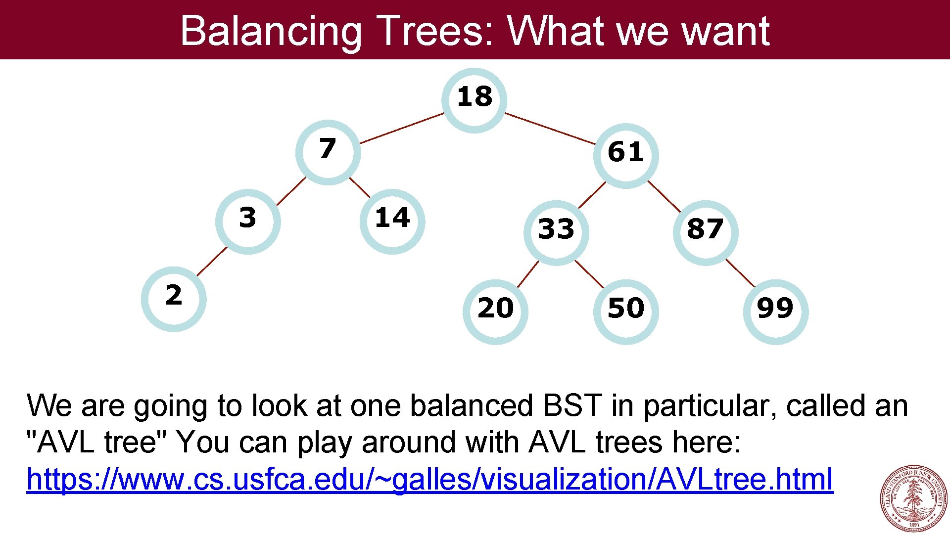 Balancing Trees: What we want 18 7 3 2 61 14 33 20 87