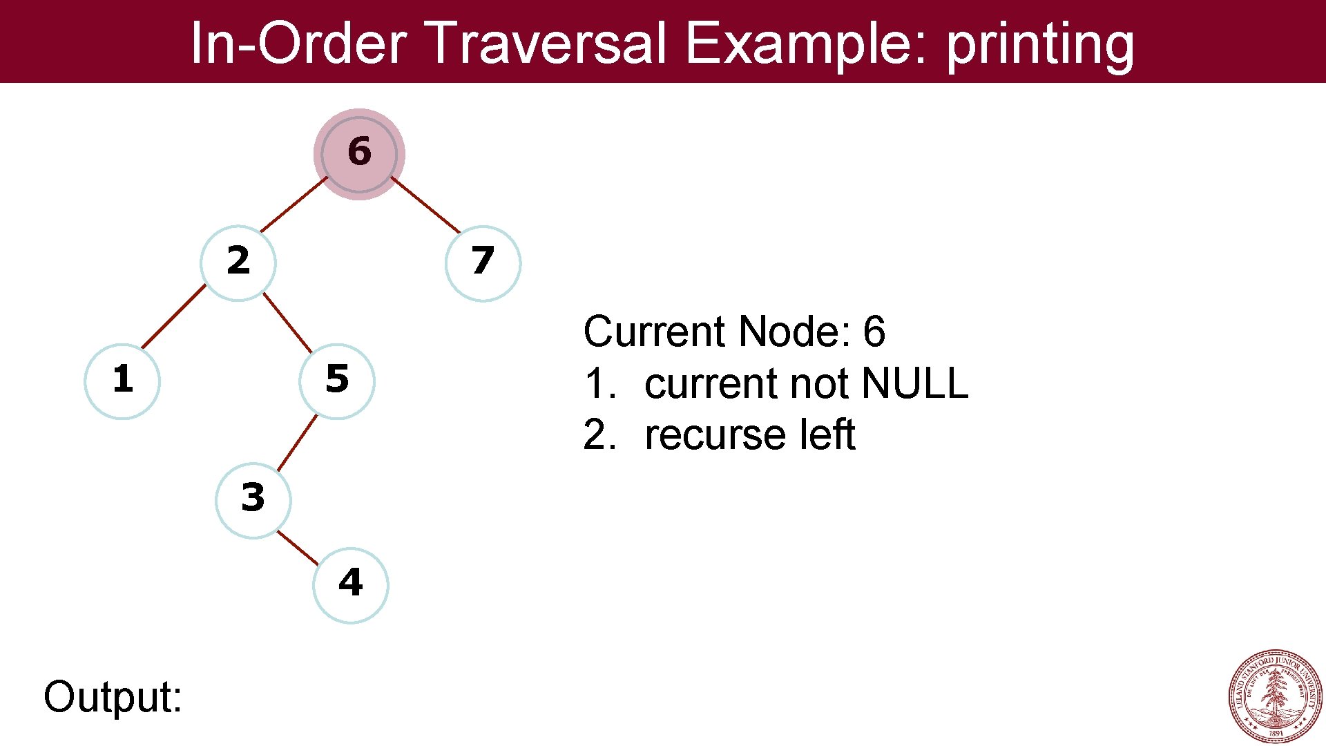 In-Order Traversal Example: printing 6 2 1 7 5 3 4 Output: Current Node: